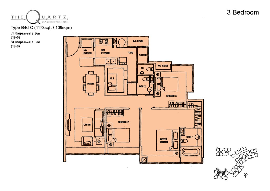 The Quartz floor plan Type B4d-C, 1023 sqft, Sengkang, Singapore