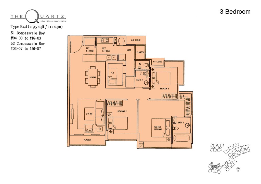 The Quartz floor plan Type Type-B4d, 1033 sqft, Sengkang, Singapore