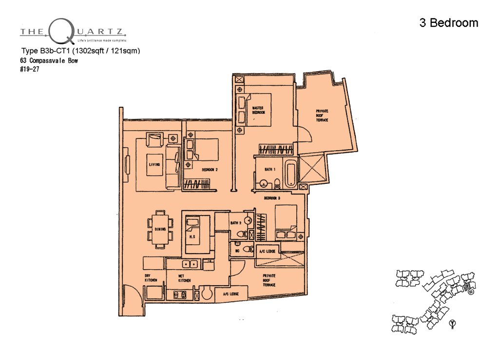 The Quartz floor plan Type B3b-CT1, 1044 sqft, Sengkang, Singapore