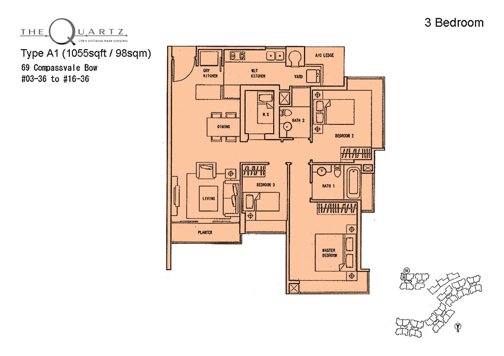 The Quartz floor plan Type Type-A1, 1055 sqft, Sengkang, Singapore