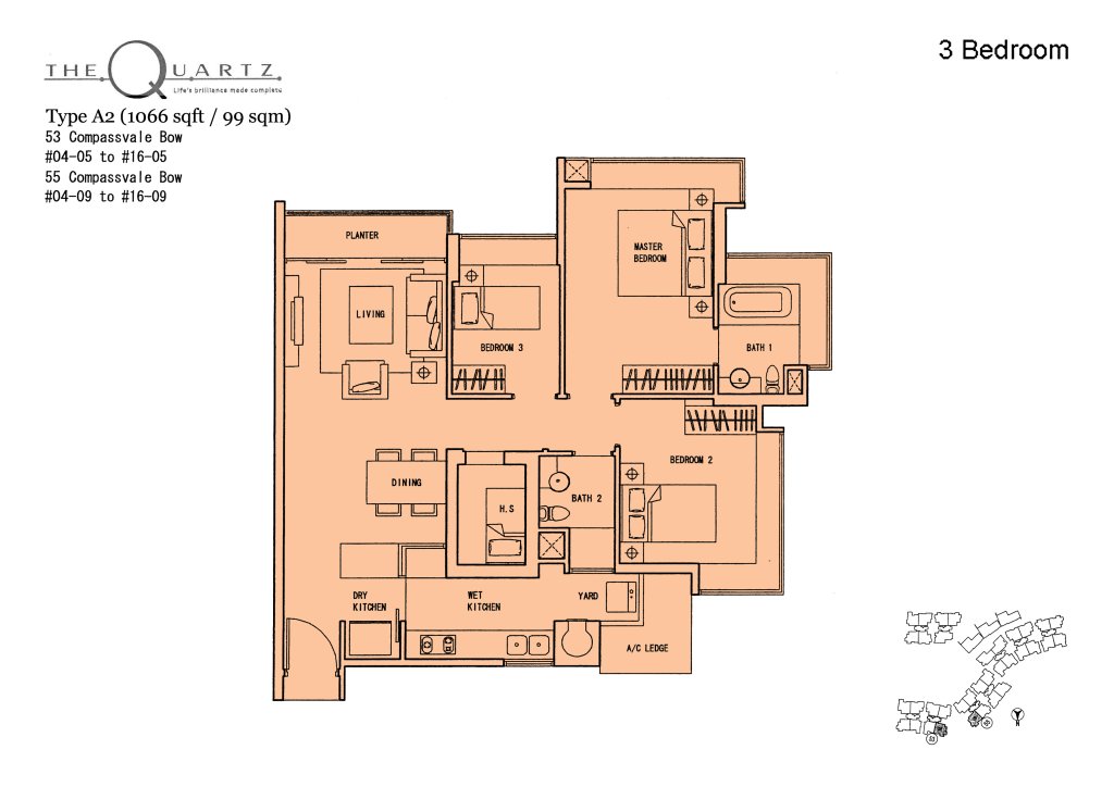 The Quartz floor plan Type Type-A2, 1066 sqft, Sengkang, Singapore