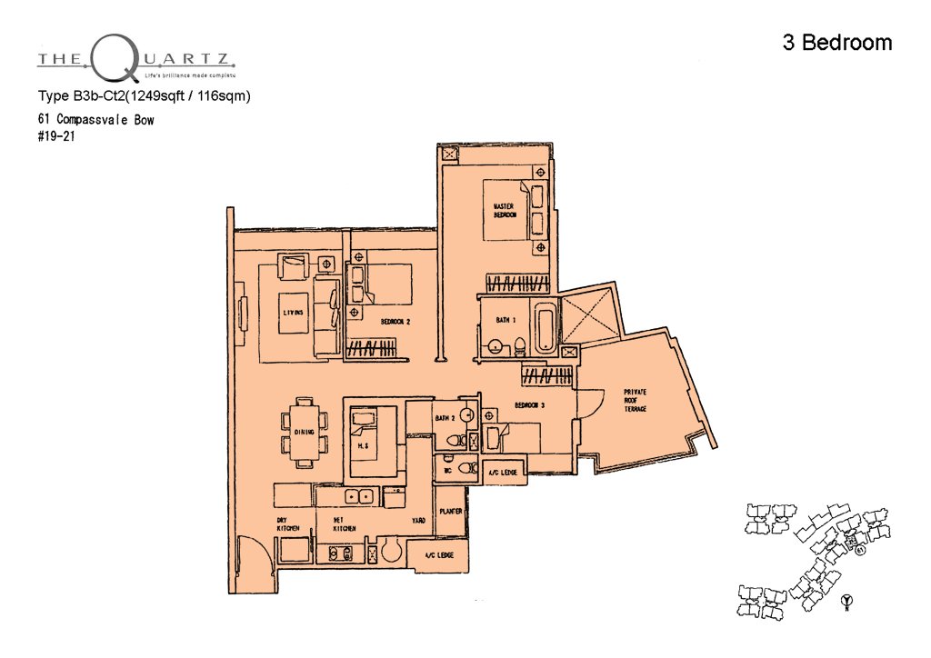The Quartz floor plan Type B3b-Ct2, 1119 sqft, Sengkang, Singapore