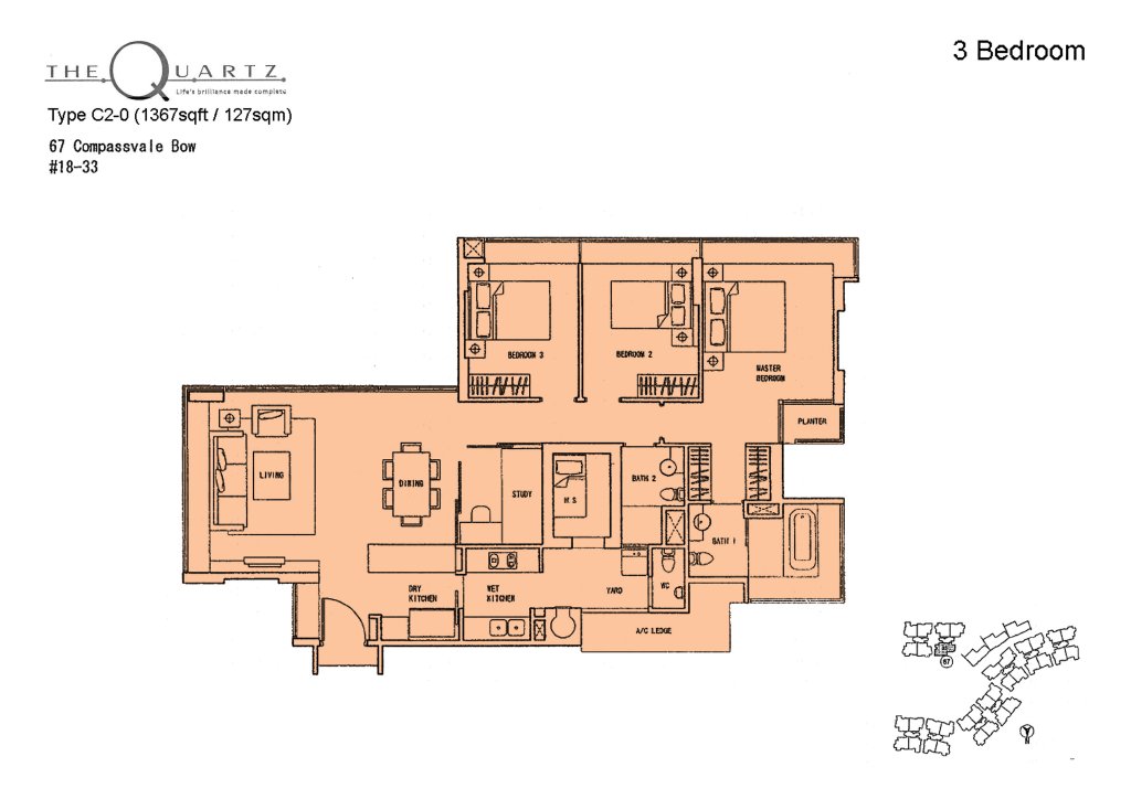 The Quartz floor plan Type Type-C2-O, 1141 sqft, Sengkang, Singapore