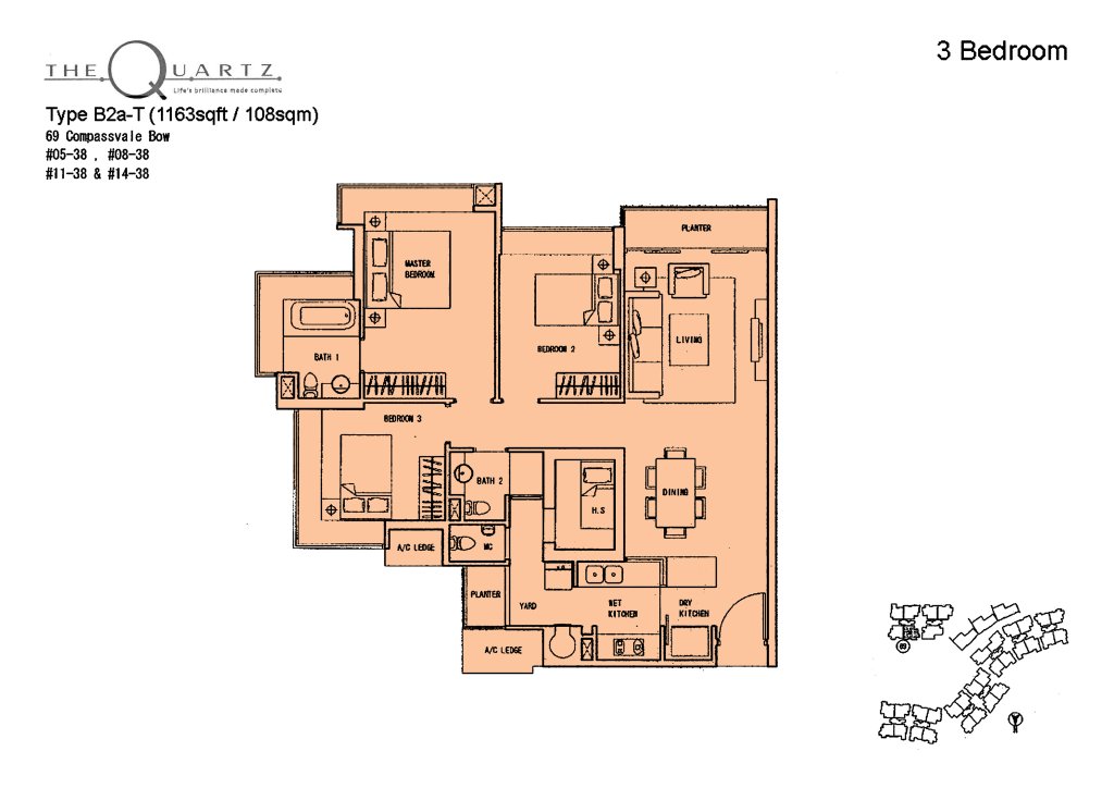 The Quartz floor plan Type B2a-T, 1163 sqft, Sengkang, Singapore