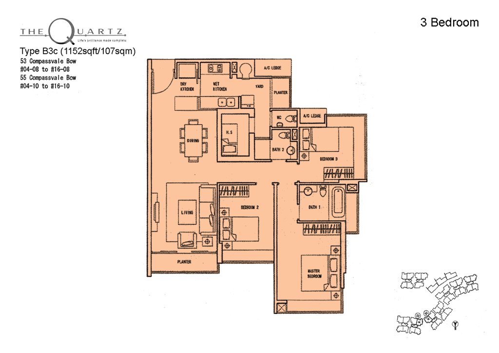The Quartz floor plan Type Type-B3c, 1173 sqft, Sengkang, Singapore