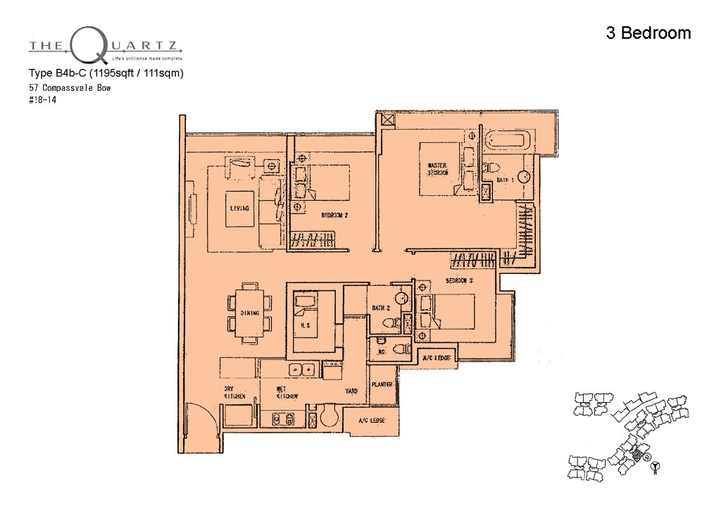 The Quartz floor plan Type B4b-C, 1195 sqft, Sengkang, Singapore