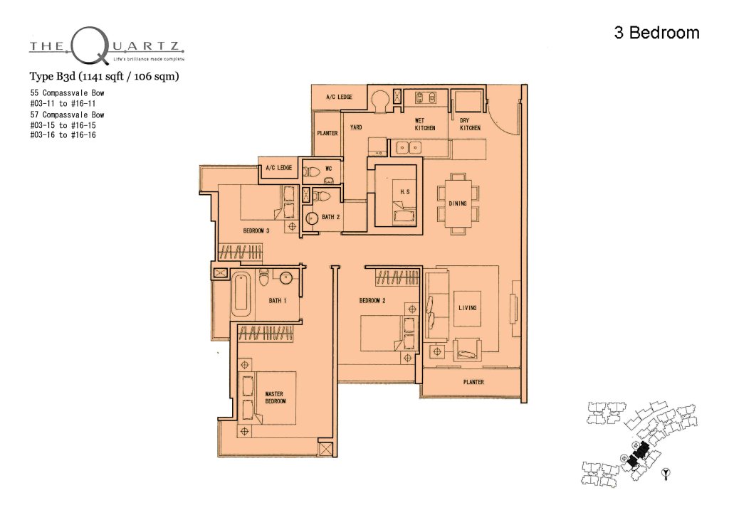 The Quartz floor plan Type Type-B3d, 1216 sqft, Sengkang, Singapore