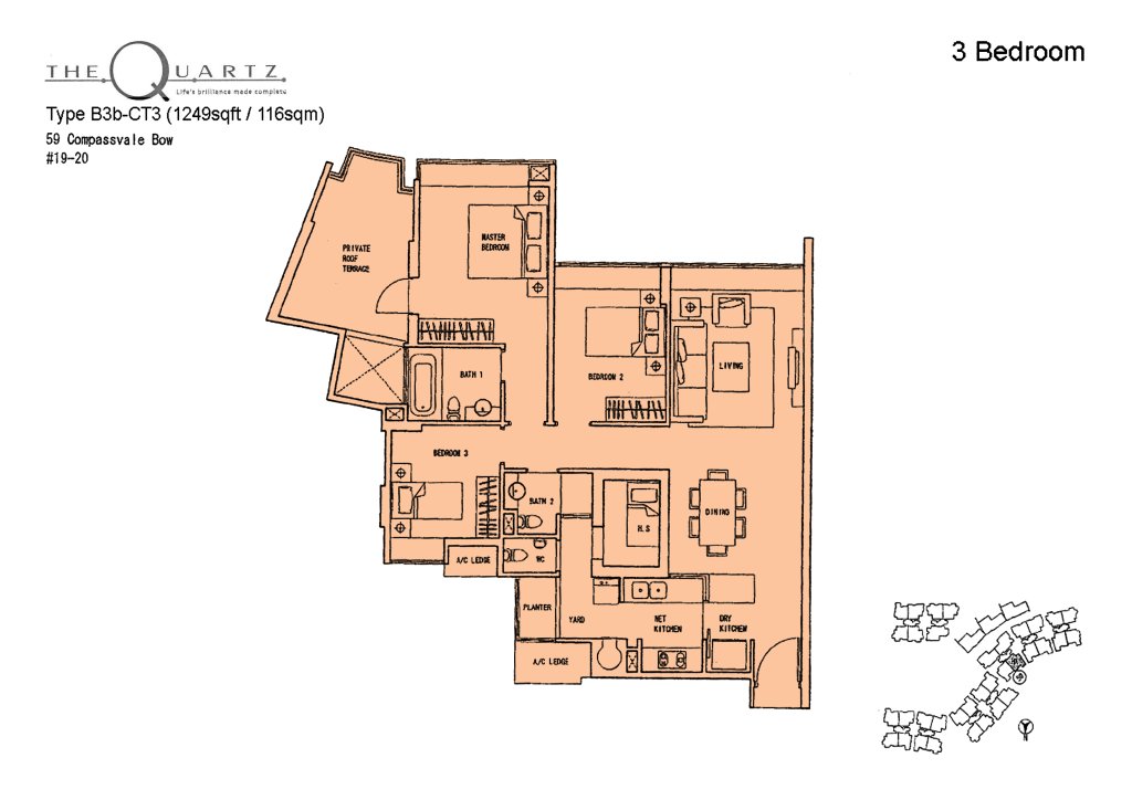The Quartz floor plan Type B3b-CT3, 1249 sqft, Sengkang, Singapore