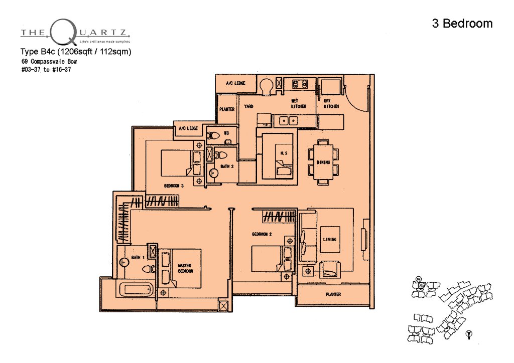 The Quartz floor plan Type B4c, 1270 sqft, Sengkang, Singapore