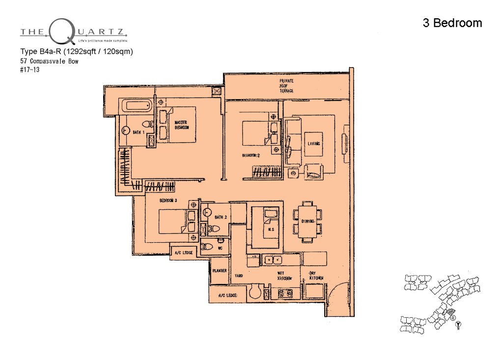 The Quartz floor plan Type B4a-R, 1292 sqft, Sengkang, Singapore