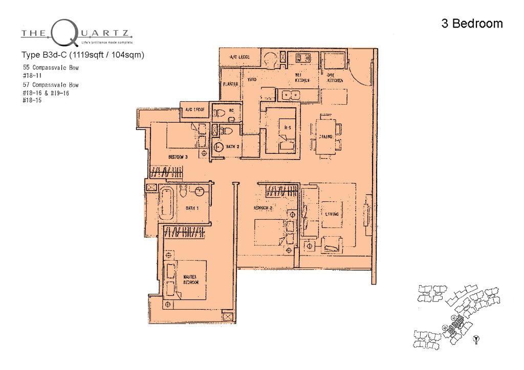 The Quartz floor plan Type Type-B3d-C, 1302 sqft, Sengkang, Singapore