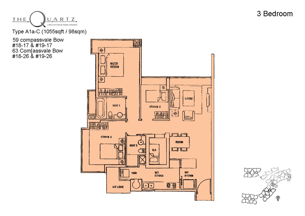 The Quartz floor plan Type Type-A1a-c, 1313 sqft, Sengkang, Singapore
