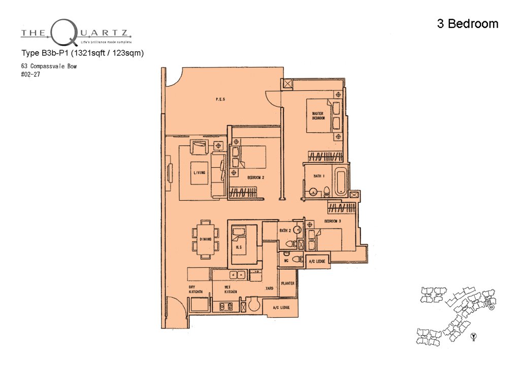 The Quartz floor plan Type B3b-P1, 1321 sqft, Sengkang, Singapore