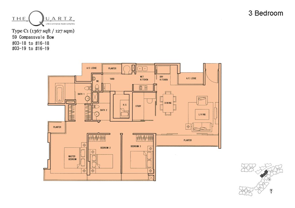 The Quartz floor plan Type Type-C1, 1367 sqft, Sengkang, Singapore
