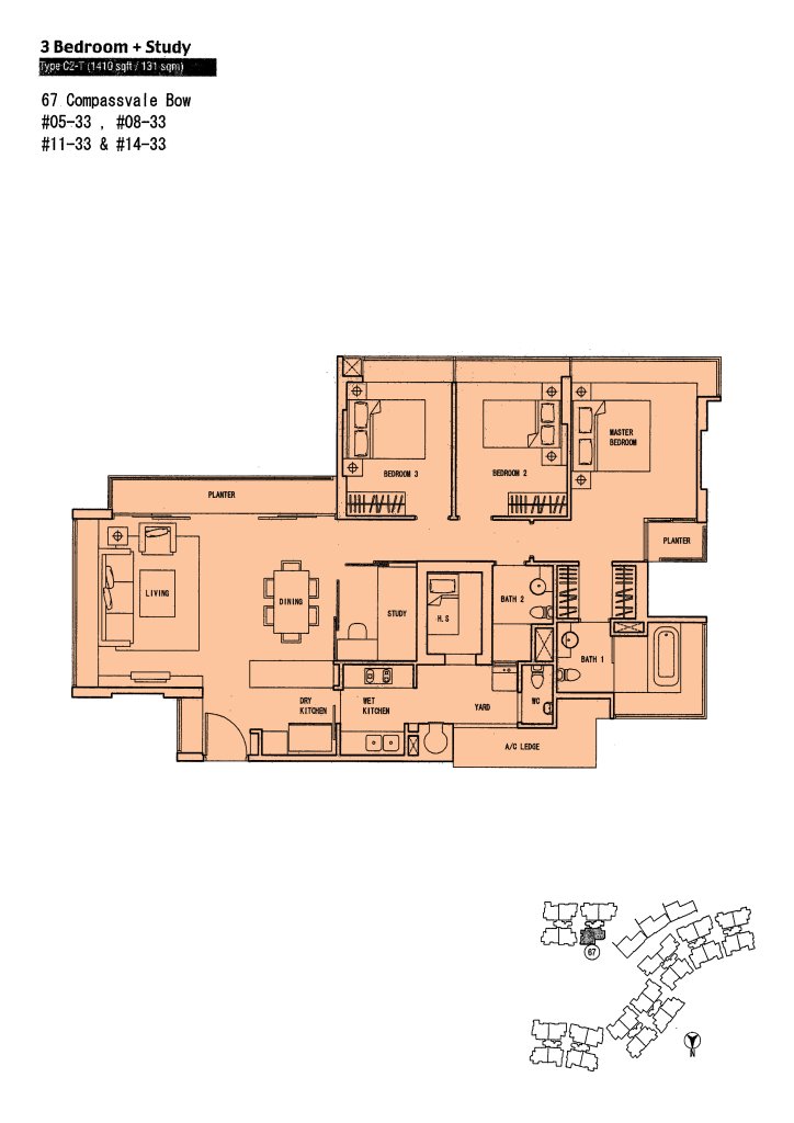 The Quartz floor plan Type C2-T, 1410 sqft, Sengkang, Singapore