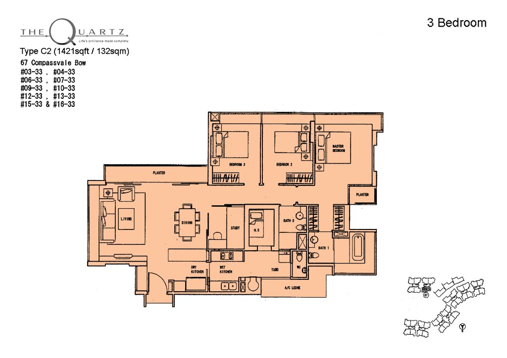 The Quartz floor plan Type Type-C2, 1421 sqft, Sengkang, Singapore