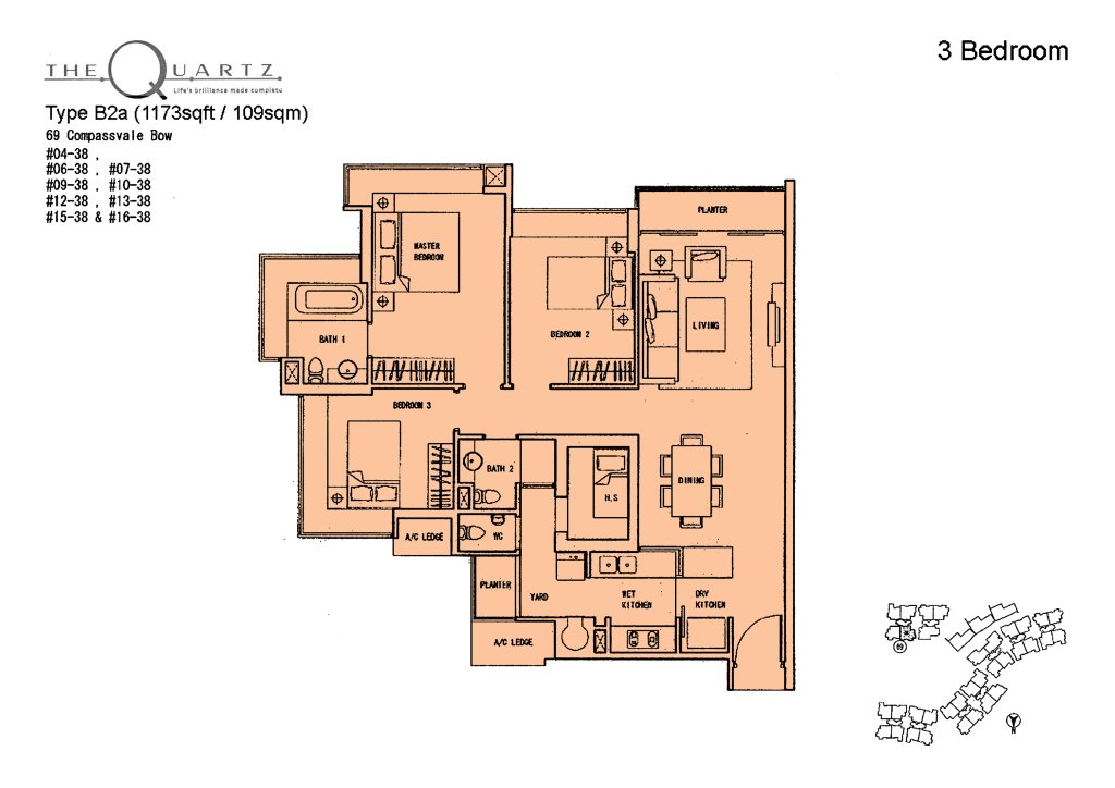 The Quartz floor plan Type B2a, 1453 sqft, Sengkang, Singapore
