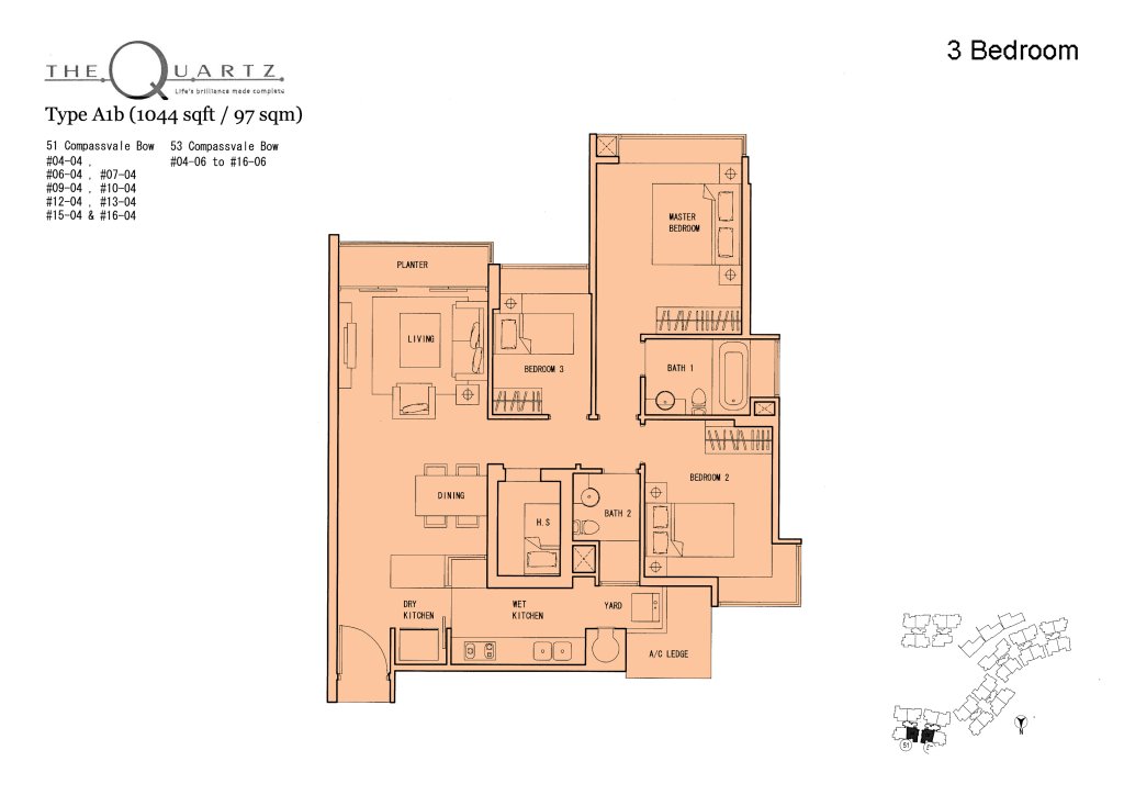 The Quartz floor plan Type Type-A1b, 1528 sqft, Sengkang, Singapore