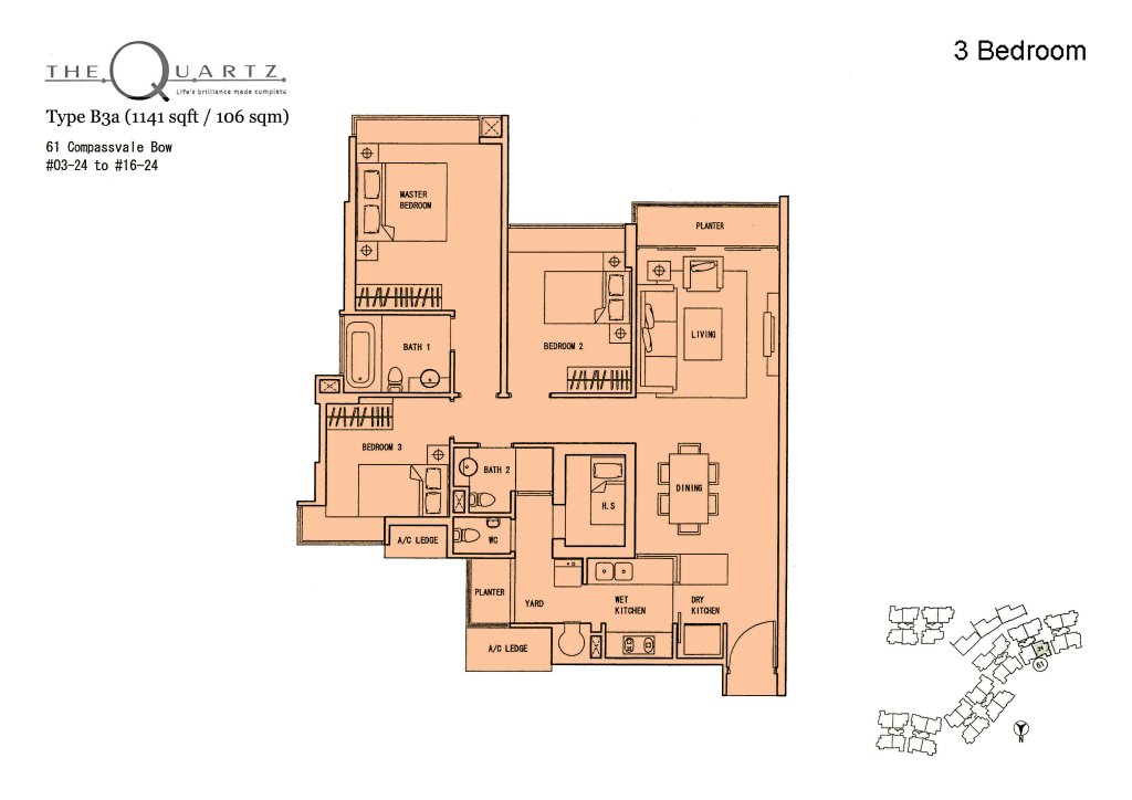 The Quartz floor plan Type Type-B3a, 1539 sqft, Sengkang, Singapore