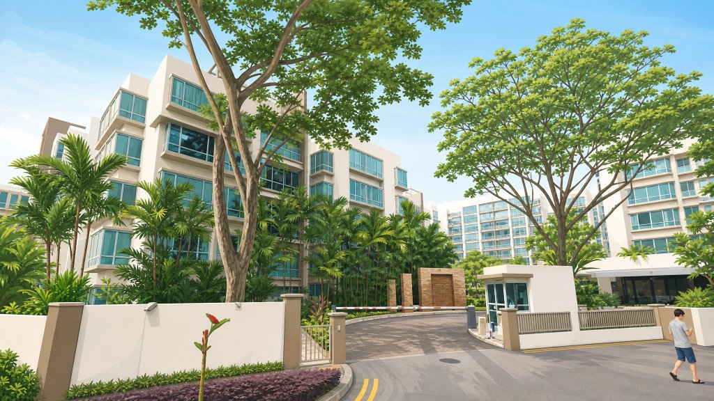 The Raintree entrance gate and blocks under mature trees