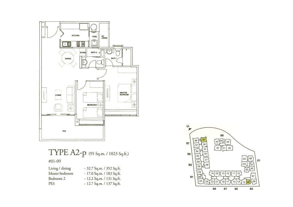 The Raintree floor plan 1,023 sqft Type A2-p