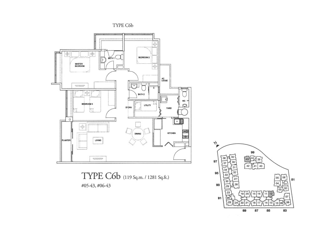 The Raintree floor plan 1,281 sqft Type C6b