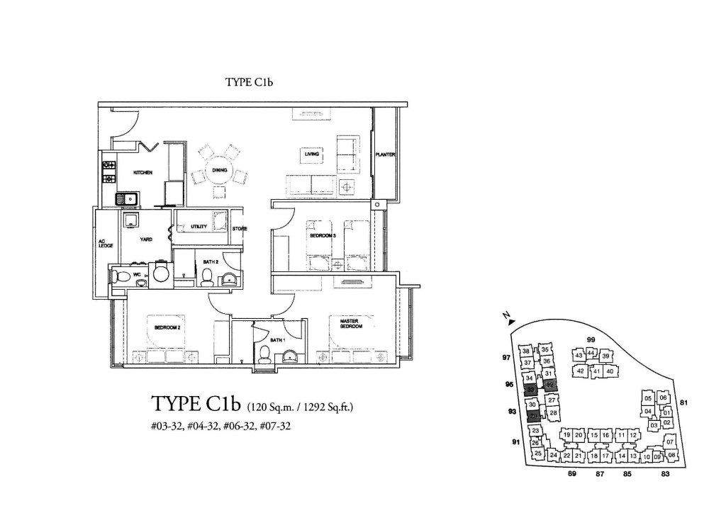 The Raintree floor plan 1,292 sqft Type C1b