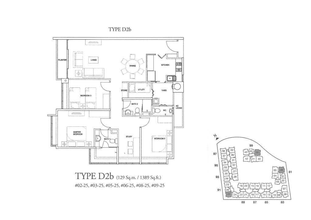 The Raintree floor plan 1,389 sqft Type D2b