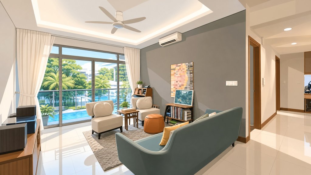 The Raintree living room with balcony pool view