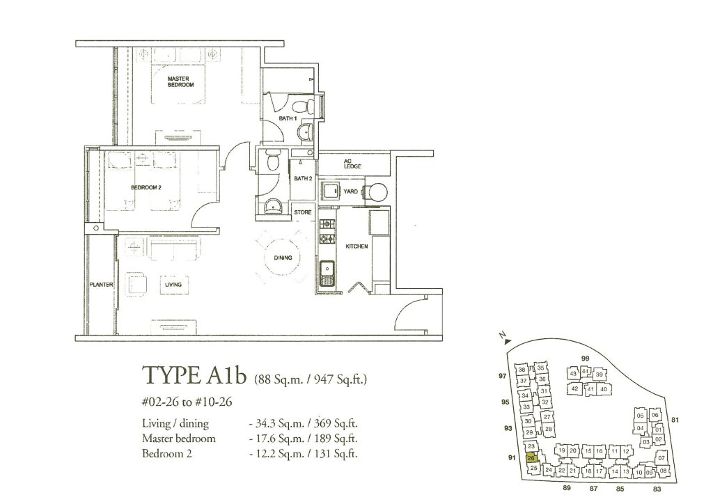 The Raintree floor plan 947 sqft Type A1b