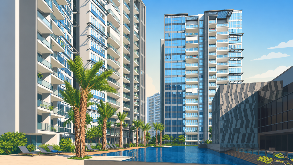 The Scala tower exterior and water feature