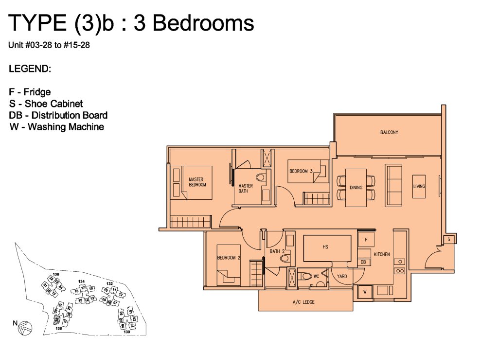 The Scala floor plan Type 3B, 1033 sqft, Serangoon, Singapore