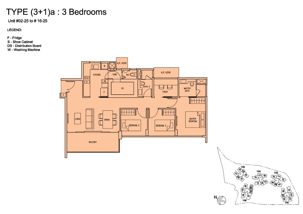 The Scala floor plan Type 3A, 1098 sqft, Serangoon, Singapore