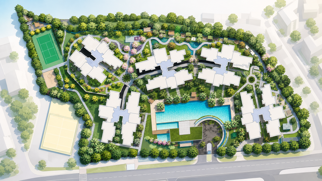 The Scala illustrated site plan showing the blocks, swimming pool and tennis court, Serangoon, Singapore