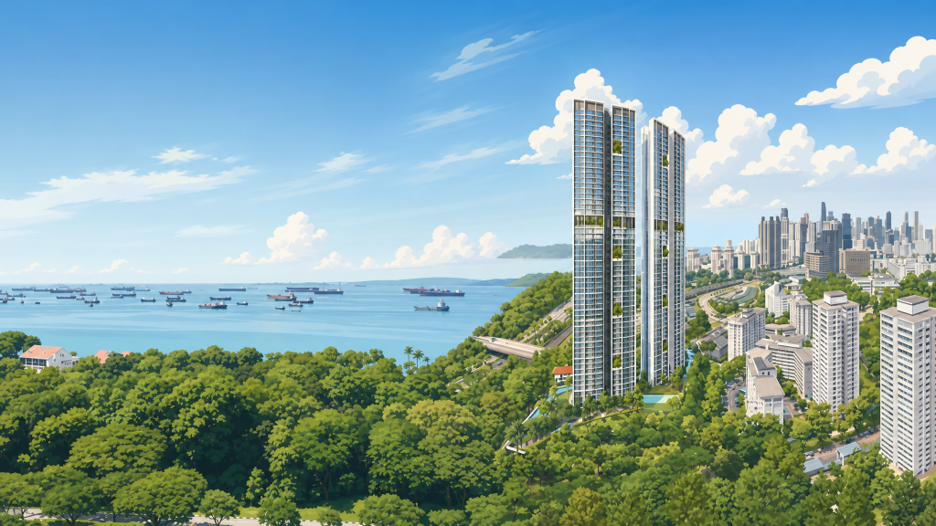 The Sea View aerial view of the towers and the sea