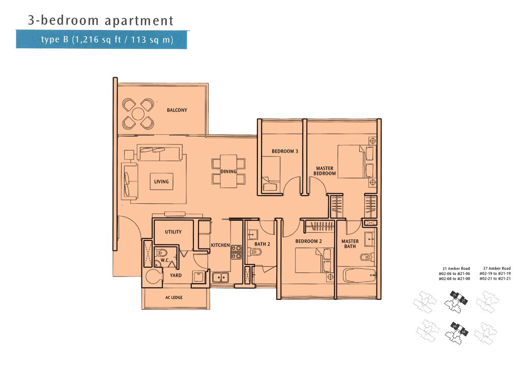The Sea View floor plan Type B, 1216 sqft, Marine Parade, Singapore