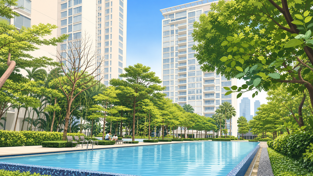 The Sea View lap pool and landscaped grounds