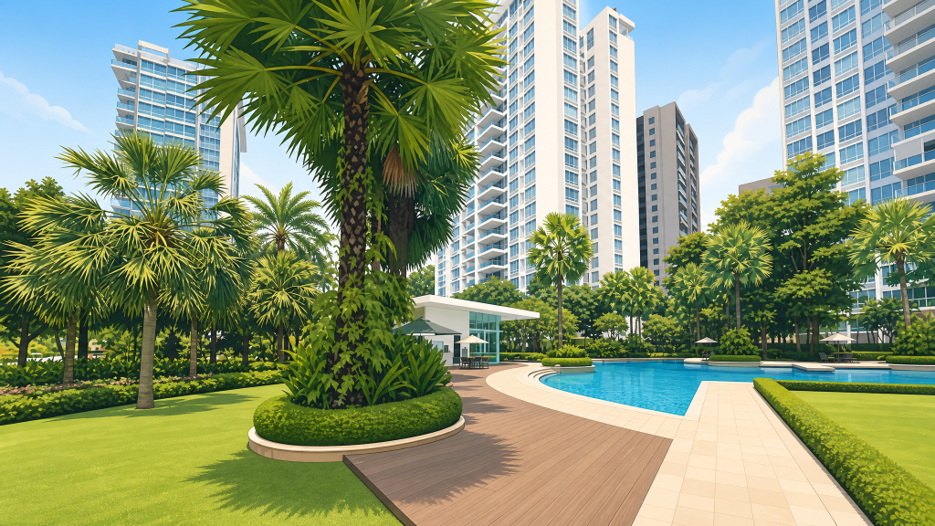 The Sea View lawn and pool deck with mature palms