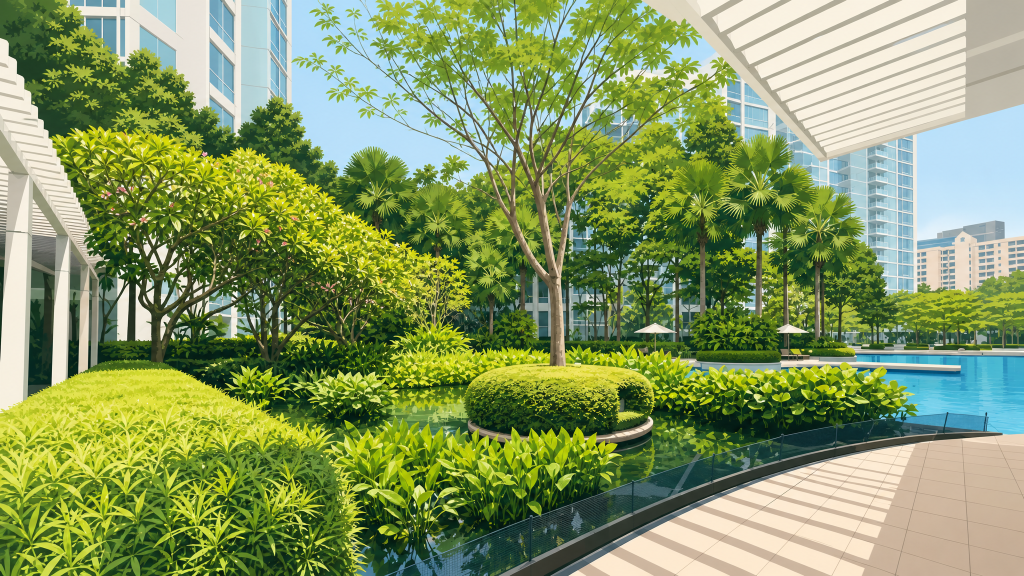 The Sea View landscaped gardens and towers