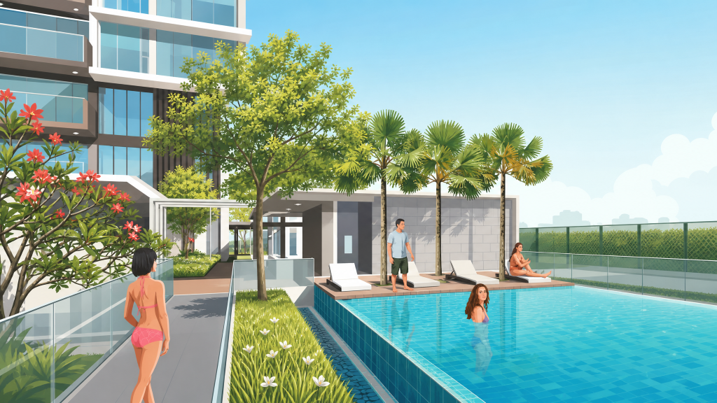The Shore Residences lap pool with poolside pavilion