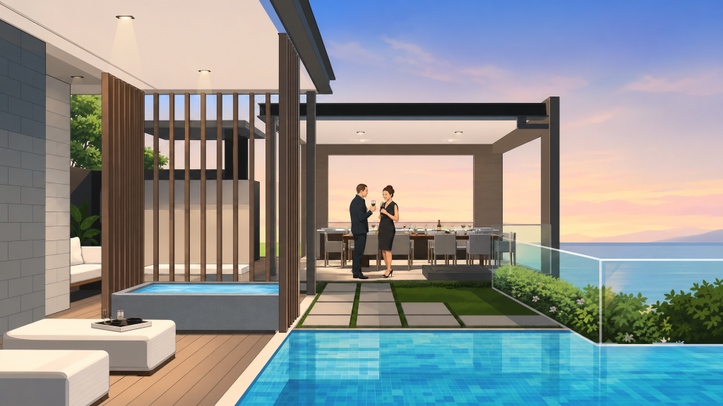 The Shore Residences rooftop pavilion with sea view