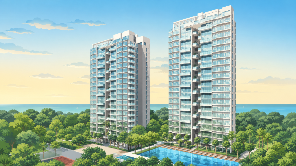 The Shore Residences towers above the tree canopy