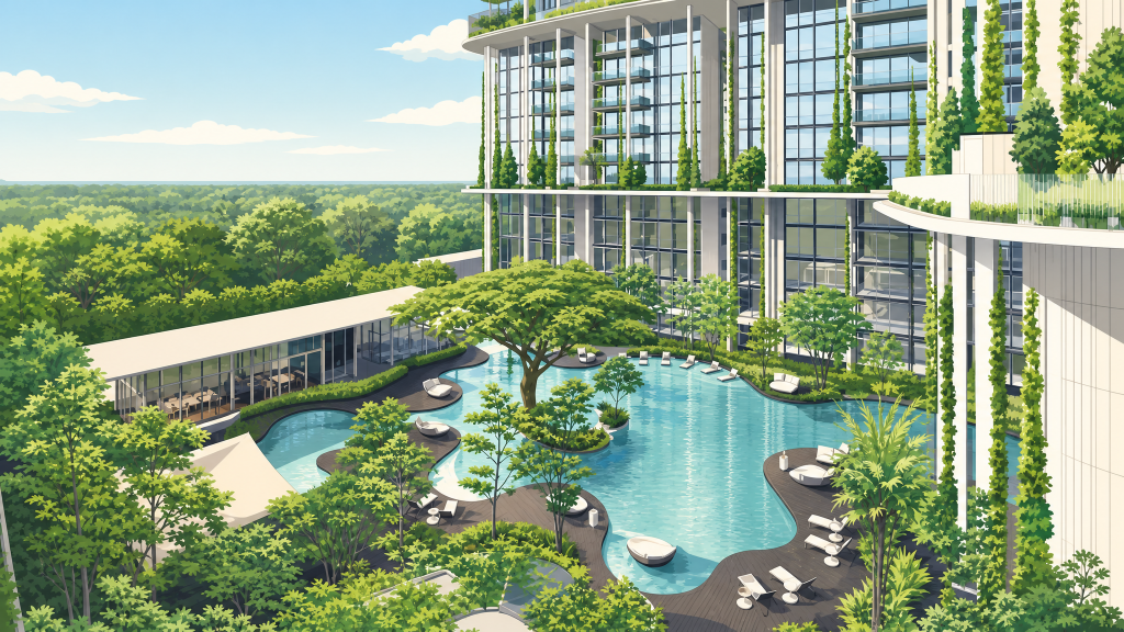 The Tembusu swimming pool and tower exterior