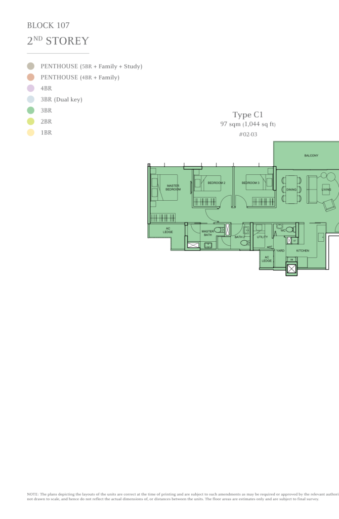 The Tembusu floor plan Type C1, 1044 sqft, Hougang, Singapore
