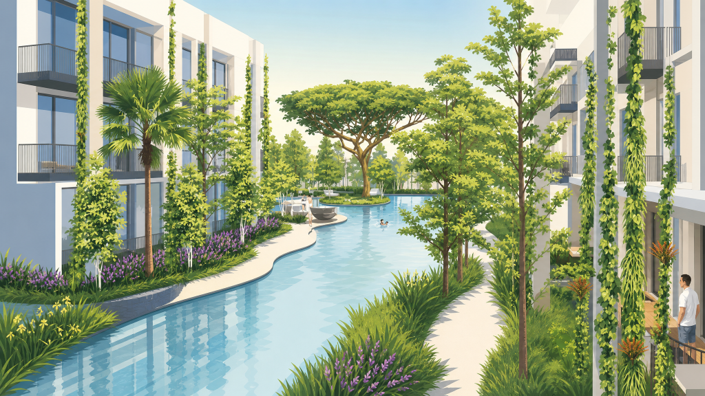 The Tembusu swimming pool and landscaped greenery