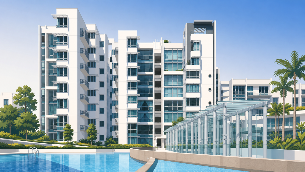 The Tessarina the blocks and pool framed by palms