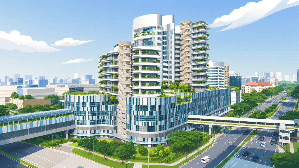 The Tessarina the curved block above the road and MRT viaduct