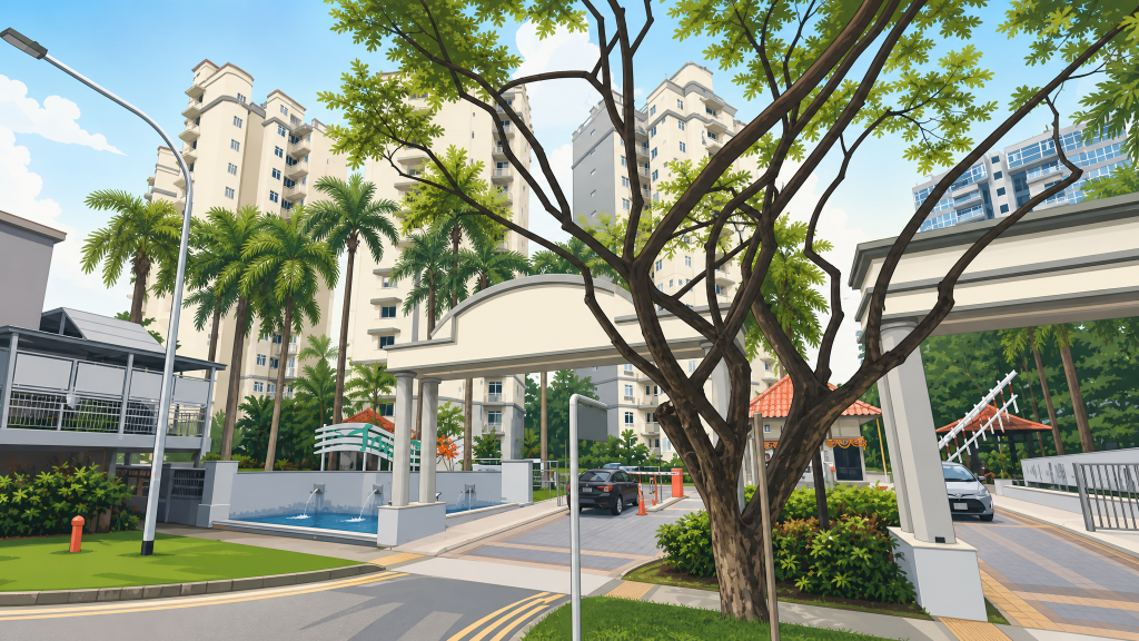 The Tropica entrance gate and mature trees