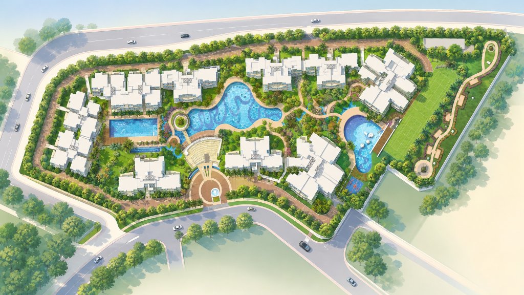 The Warren aerial illustration of the site and facilities