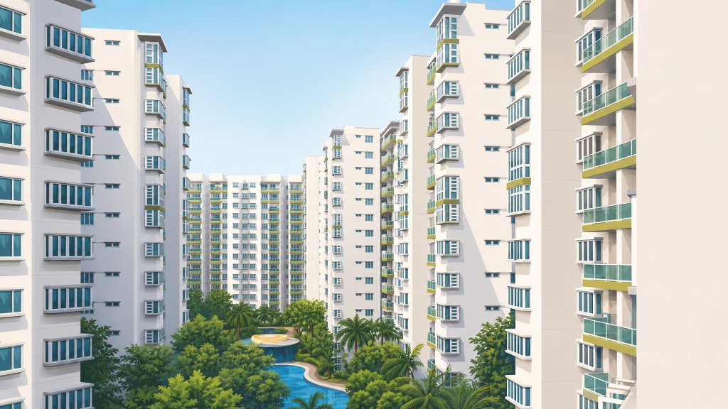 The Warren blocks and pool seen from a balcony